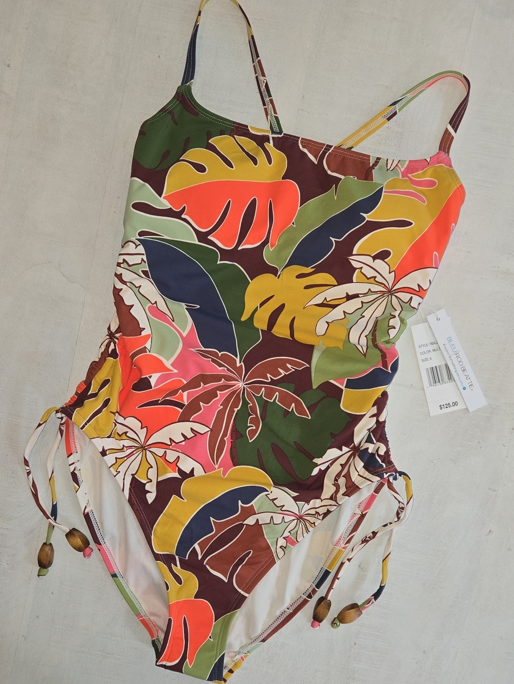 Bleu Rod Beattie One-Piece Swimsuit Tropical Print Side Ties NWT Size 6
